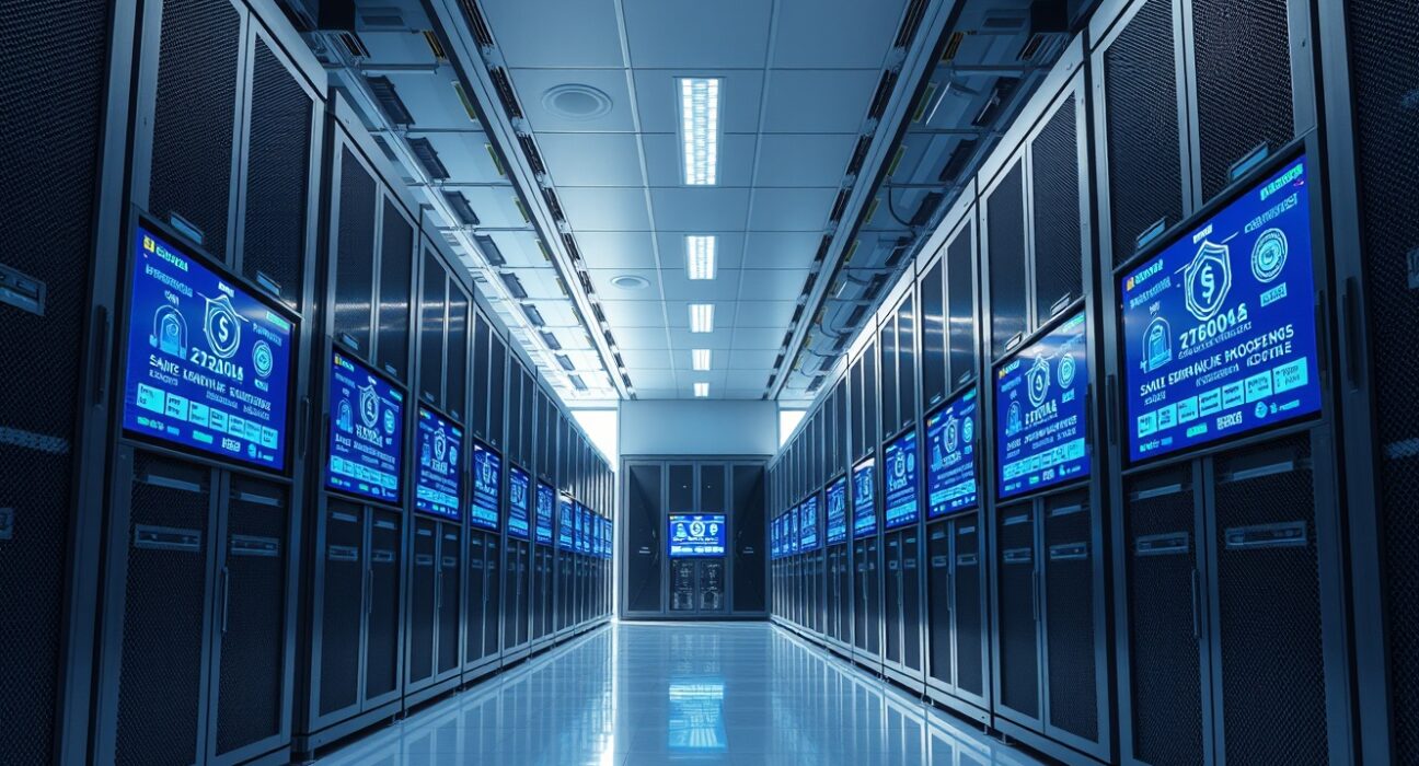 Interior of a secure data center with server racks and blockchain security displays, representing digital asset custody.