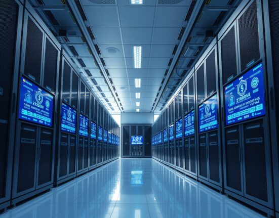 Interior of a secure data center with server racks and blockchain security displays, representing digital asset custody.