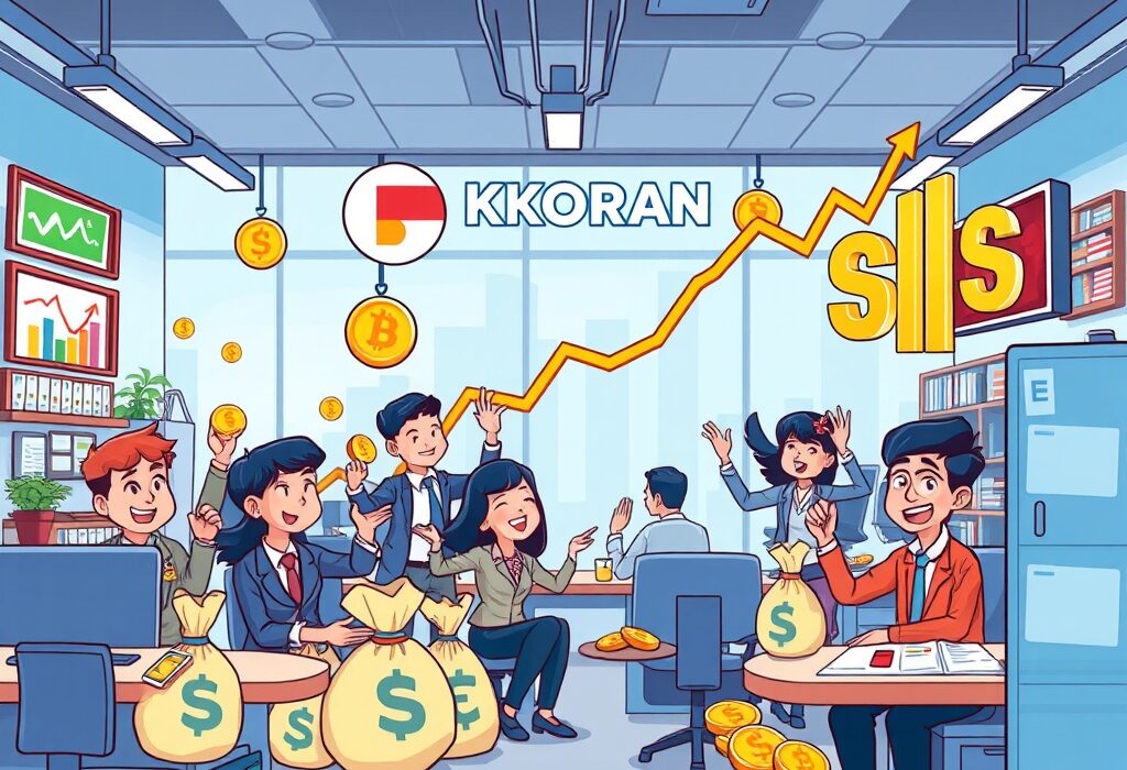 Cartoon illustration showing Dunamu's impressive H1 operating profit growth, reflecting strong crypto exchange performance.