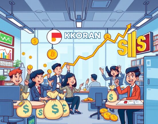 Cartoon illustration showing Dunamu's impressive H1 operating profit growth, reflecting strong crypto exchange performance.