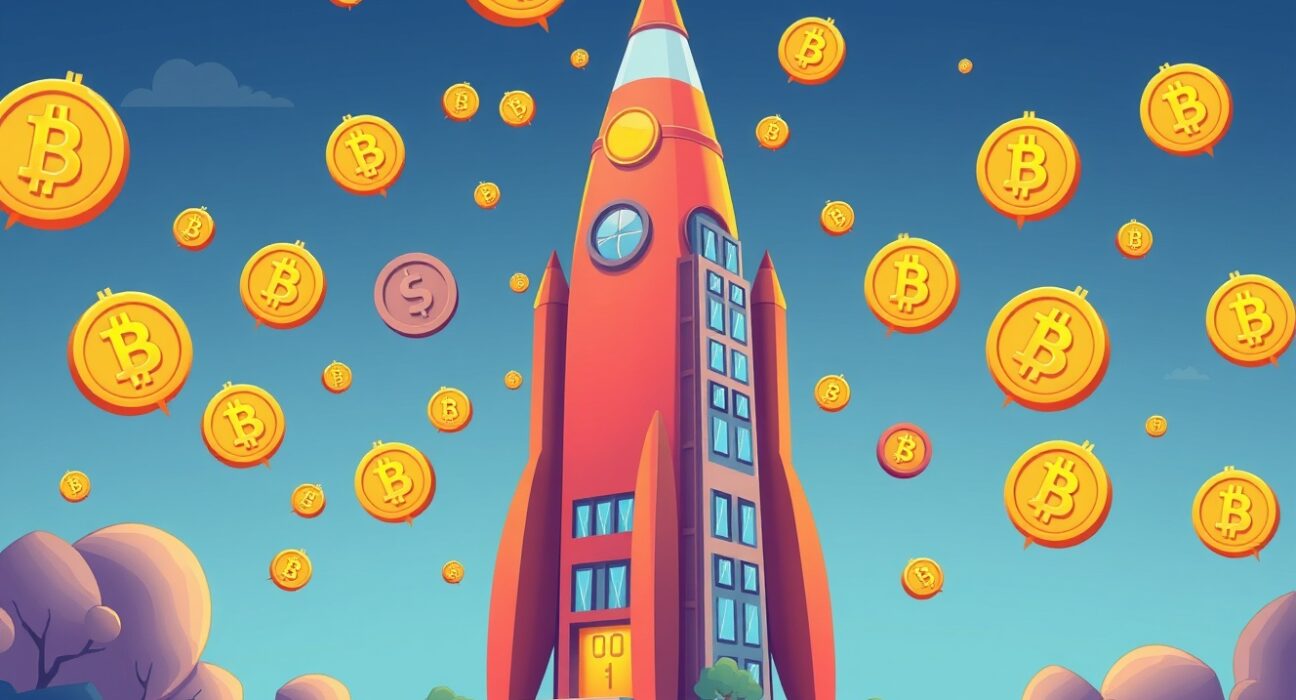 Rocket-shaped building celebrating Dunamu Q3 net profit growth with cryptocurrency symbols
