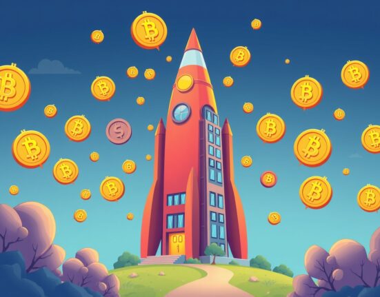 Rocket-shaped building celebrating Dunamu Q3 net profit growth with cryptocurrency symbols
