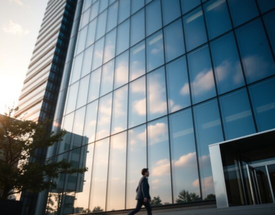Modern financial office building in Seoul representing Dunamu and Naver Financial merger news