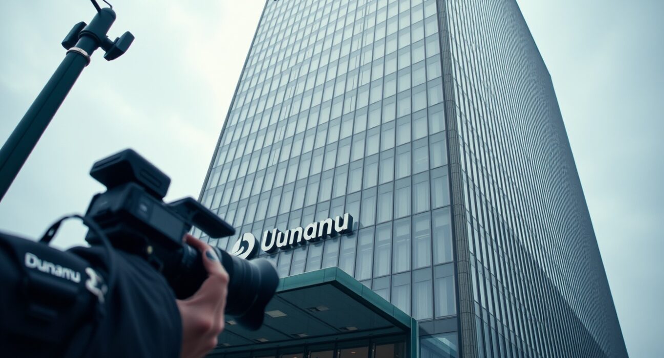 Exterior of Dunamu office building in Seoul, South Korea, on a cloudy day