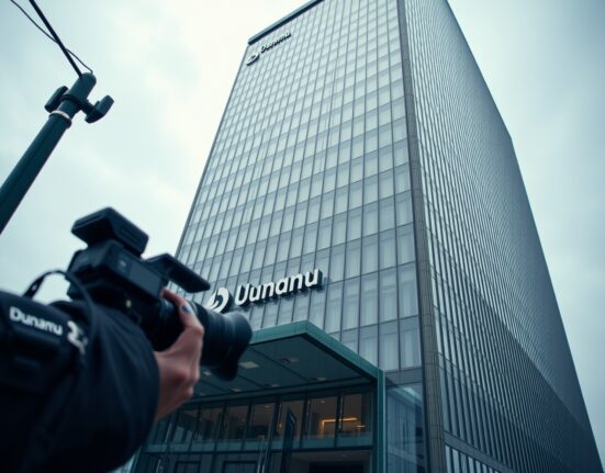 Exterior of Dunamu office building in Seoul, South Korea, on a cloudy day
