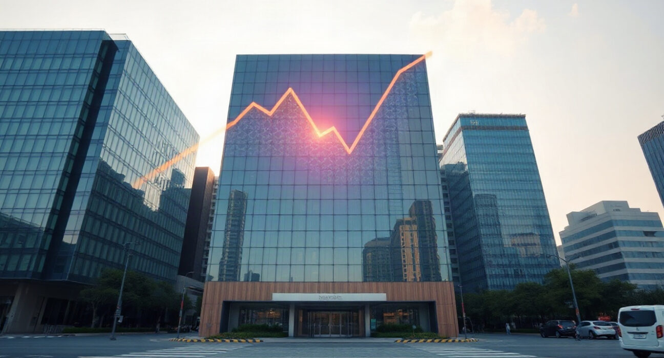 Exterior of a modern financial building in Seoul, symbolizing Dunamu's U.S. listing preparation.