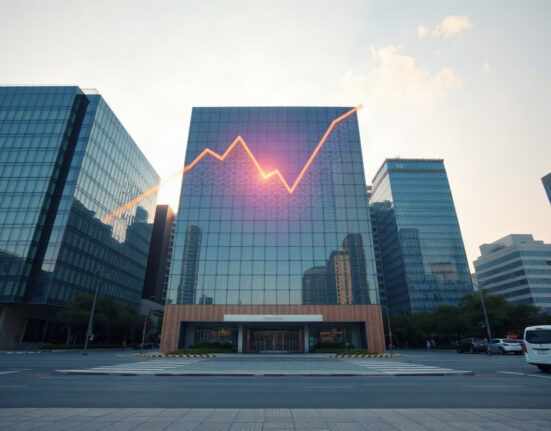 Exterior of a modern financial building in Seoul, symbolizing Dunamu's U.S. listing preparation.