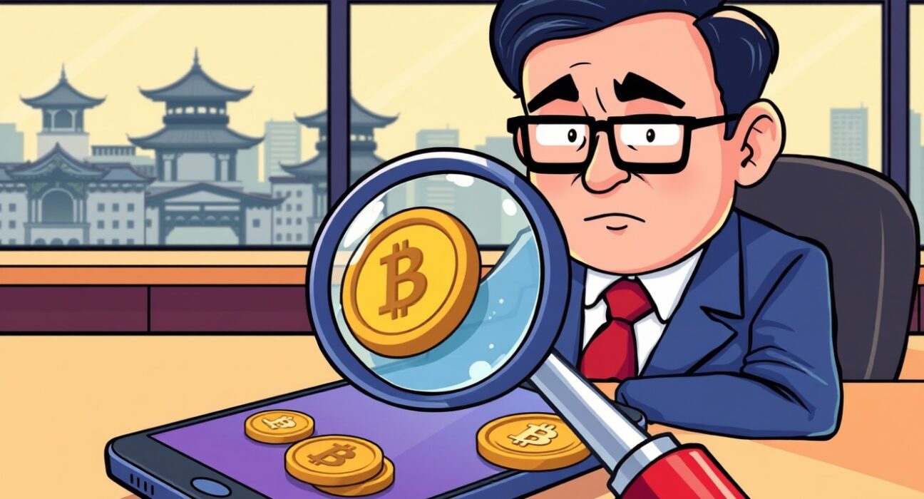 Cartoon illustration exposing Dunamu verification lapses with regulatory scrutiny over cryptocurrency transactions