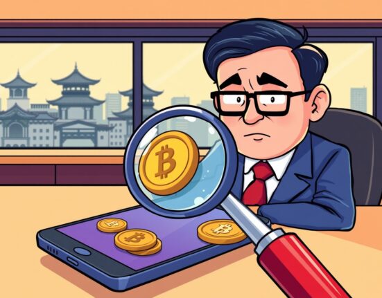 Cartoon illustration exposing Dunamu verification lapses with regulatory scrutiny over cryptocurrency transactions