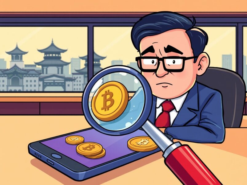 Cartoon illustration exposing Dunamu verification lapses with regulatory scrutiny over cryptocurrency transactions