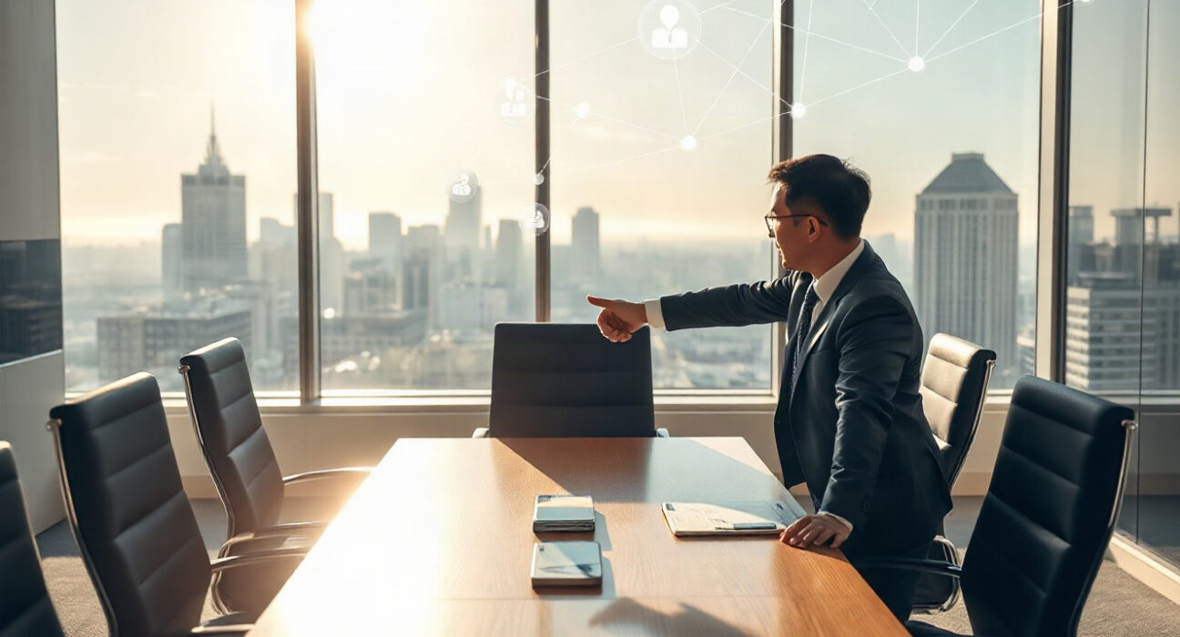 Dunamu and Visa representatives shaking hands at a partnership meeting in San Francisco, with digital payment and blockchain icons in the background.