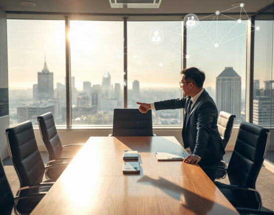 Dunamu and Visa representatives shaking hands at a partnership meeting in San Francisco, with digital payment and blockchain icons in the background.