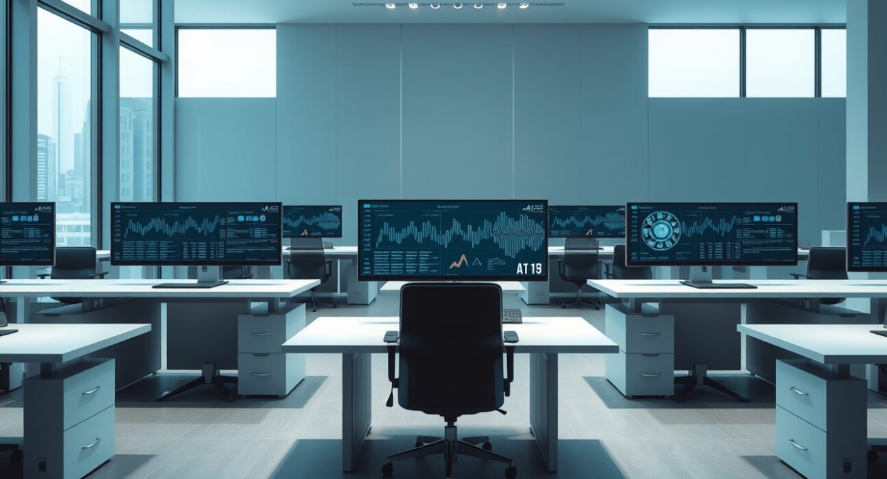 Empty office desks with monitors showing on-chain data and AI charts at Dune Analytics headquarters