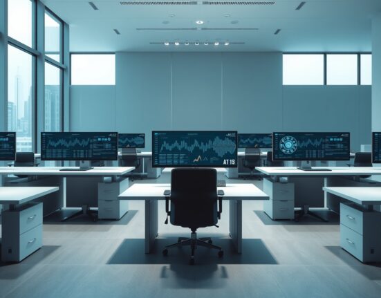 Empty office desks with monitors showing on-chain data and AI charts at Dune Analytics headquarters