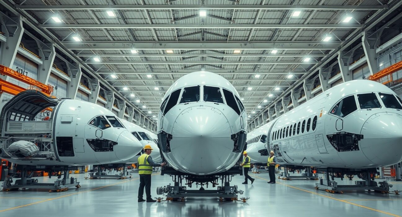 Industrial manufacturing facility with workers assembling heavy machinery under bright lights.