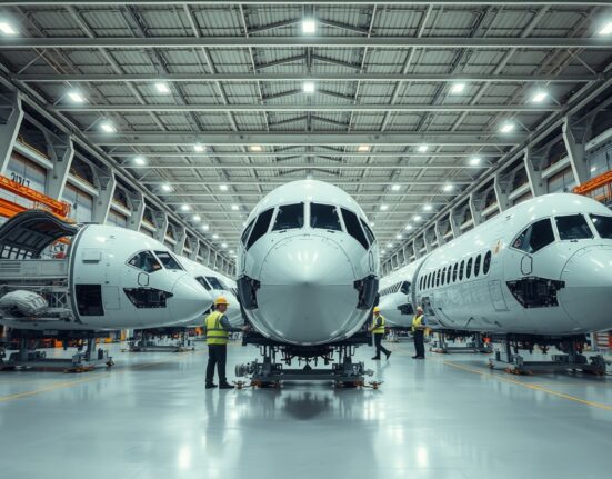 Industrial manufacturing facility with workers assembling heavy machinery under bright lights.