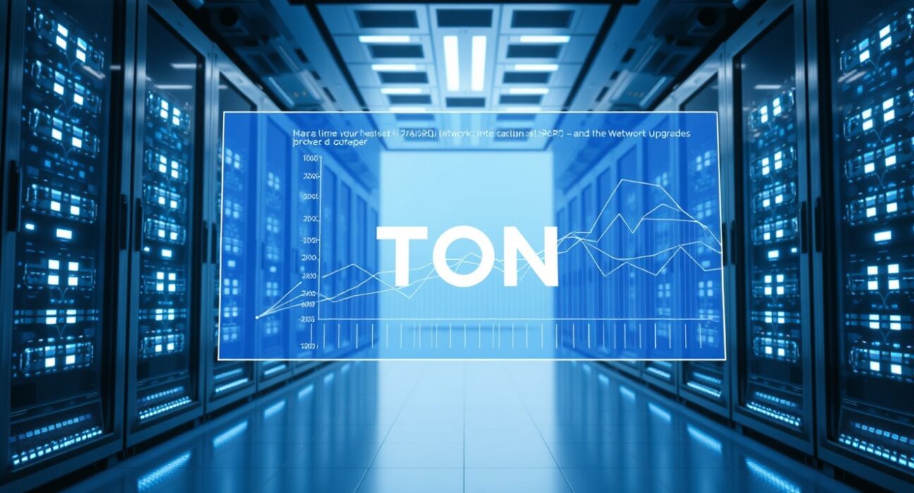 Futuristic server room with digital display showing TON network performance metrics