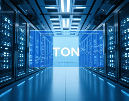 Futuristic server room with digital display showing TON network performance metrics