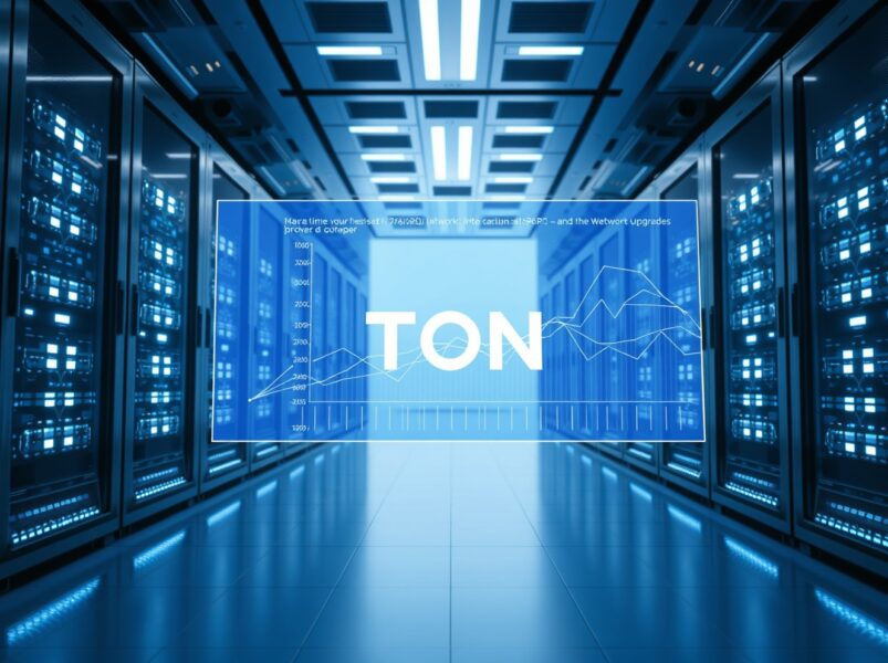 Futuristic server room with digital display showing TON network performance metrics