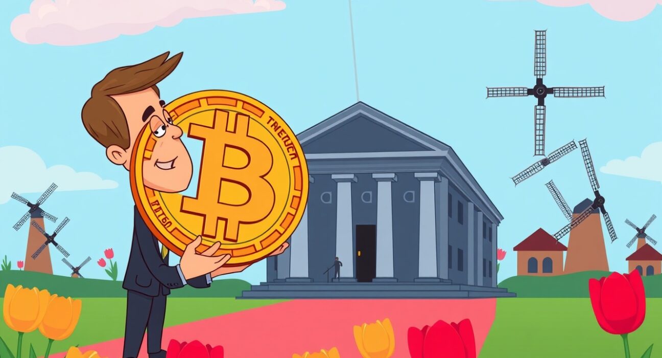 A politician presenting a plan for a national BTC reserve, symbolizing a new era for Dutch finance and digital assets.