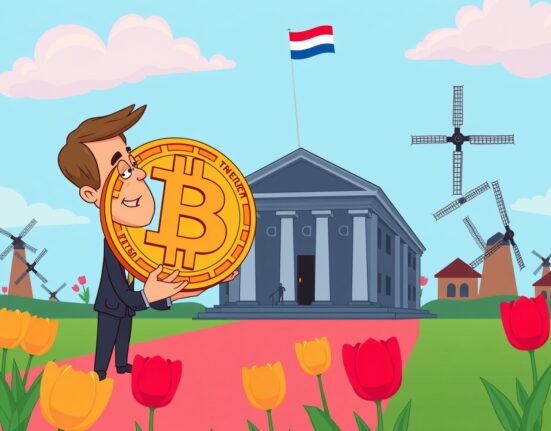 A politician presenting a plan for a national BTC reserve, symbolizing a new era for Dutch finance and digital assets.