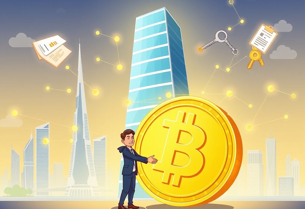 Cartoon illustration of a groundbreaking crypto-backed mortgage deal in the UAE, symbolizing innovation in real estate finance.