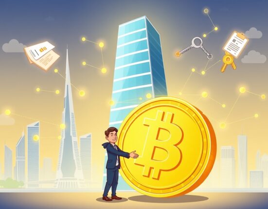 Cartoon illustration of a groundbreaking crypto-backed mortgage deal in the UAE, symbolizing innovation in real estate finance.