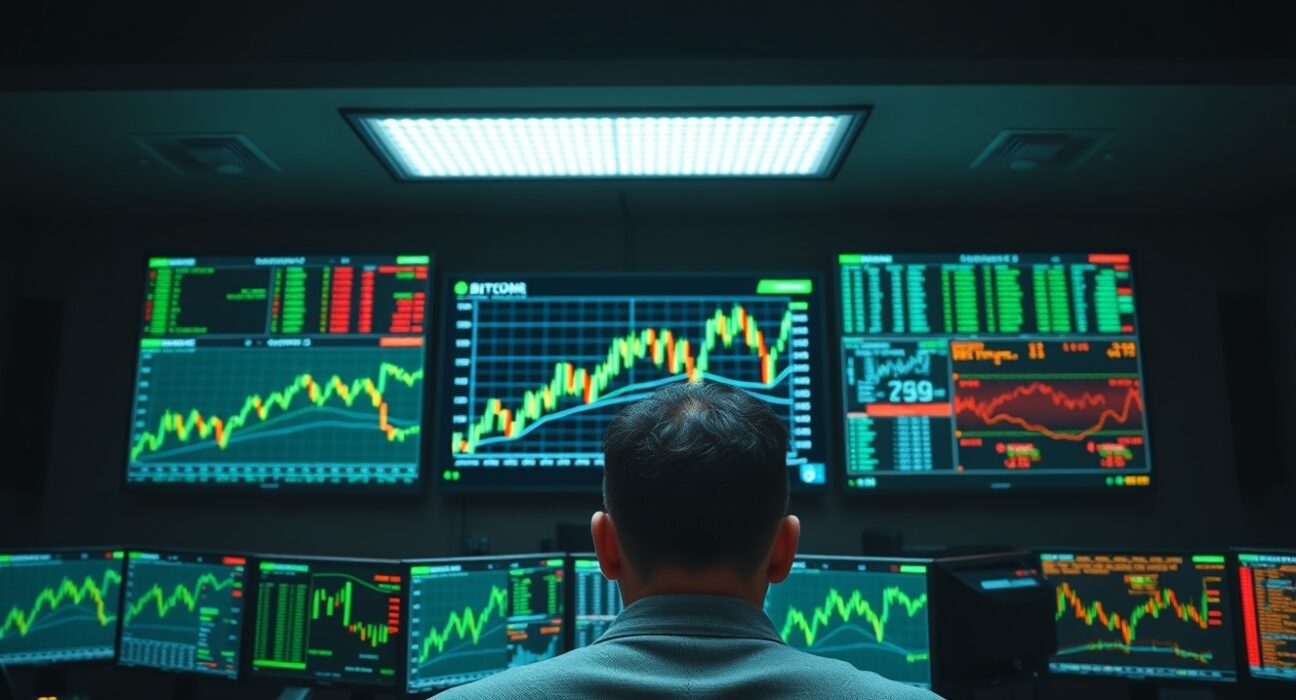 Trading screens showing Bitcoin futures charts dominating over smaller altcoin charts in a professional trading environment.