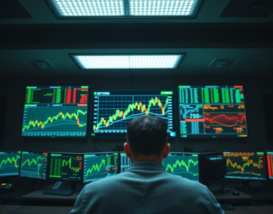 Trading screens showing Bitcoin futures charts dominating over smaller altcoin charts in a professional trading environment.