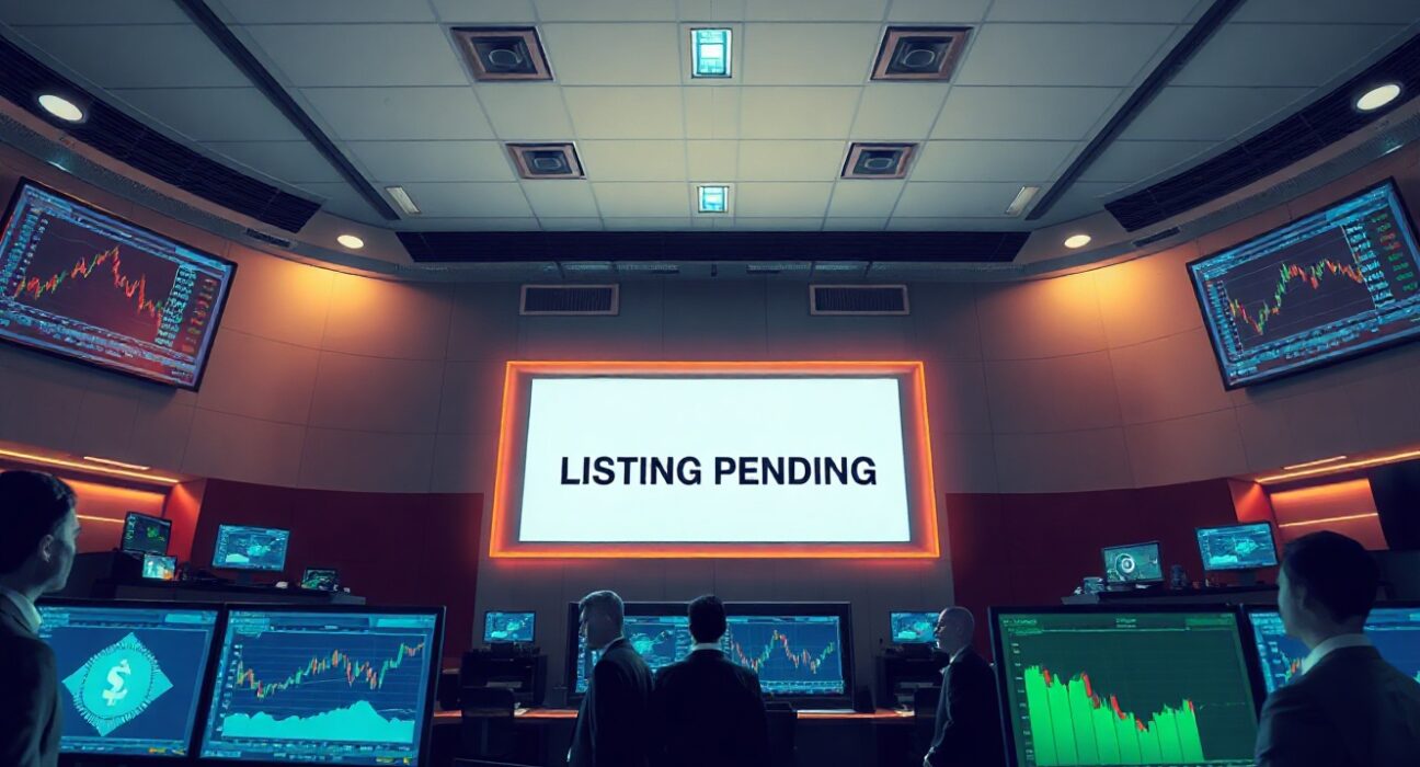 Traders in a modern crypto exchange office monitoring trading screens with a listing notification visible.