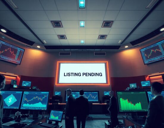 Traders in a modern crypto exchange office monitoring trading screens with a listing notification visible.
