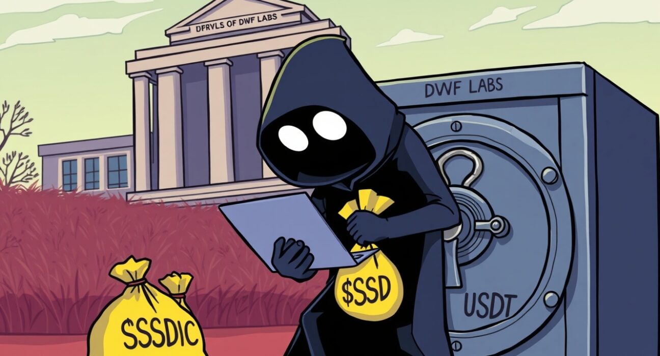 A cartoon illustration showing a hidden cyber theft, representing the alleged DWF Labs hack and its concealed nature.