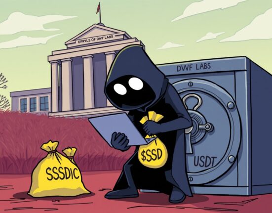 A cartoon illustration showing a hidden cyber theft, representing the alleged DWF Labs hack and its concealed nature.