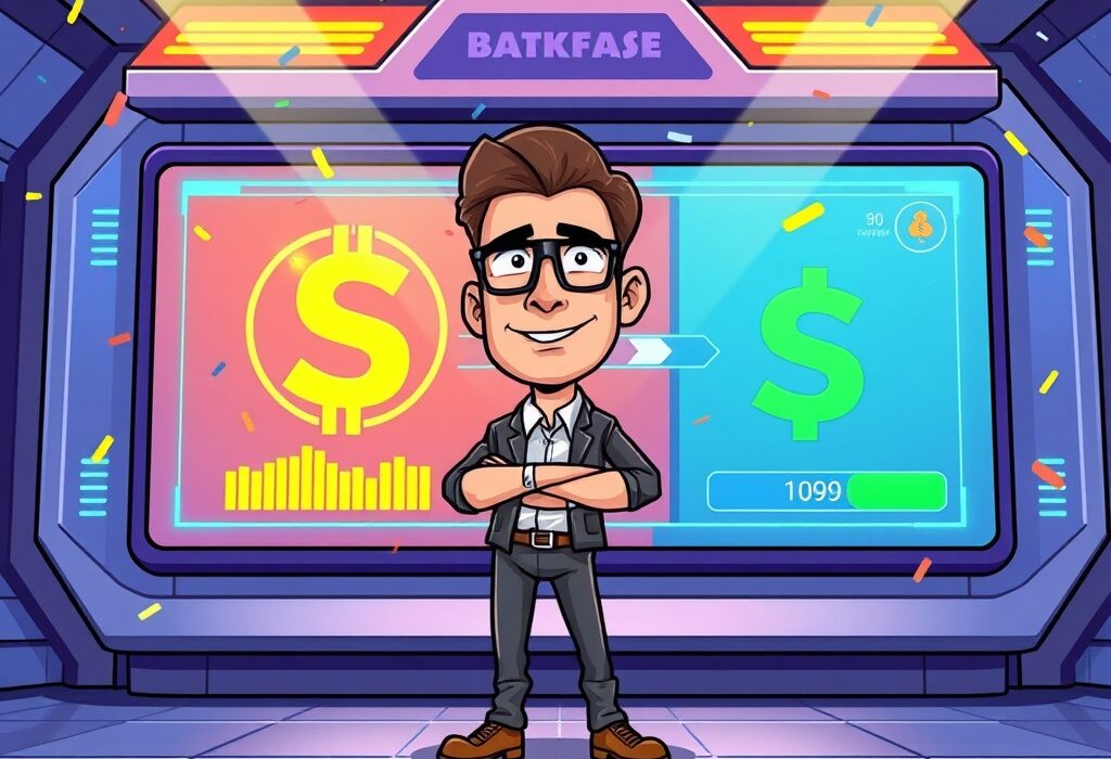 A cartoon illustration of a crypto founder celebrating a major DWF Labs USD1 conversion on a digital screen, symbolizing market impact.