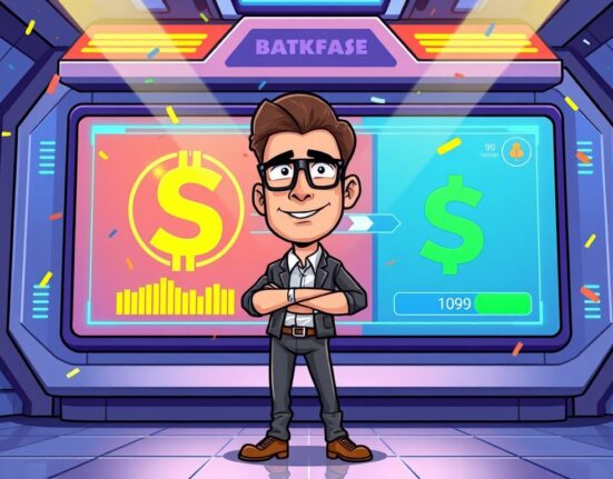 A cartoon illustration of a crypto founder celebrating a major DWF Labs USD1 conversion on a digital screen, symbolizing market impact.