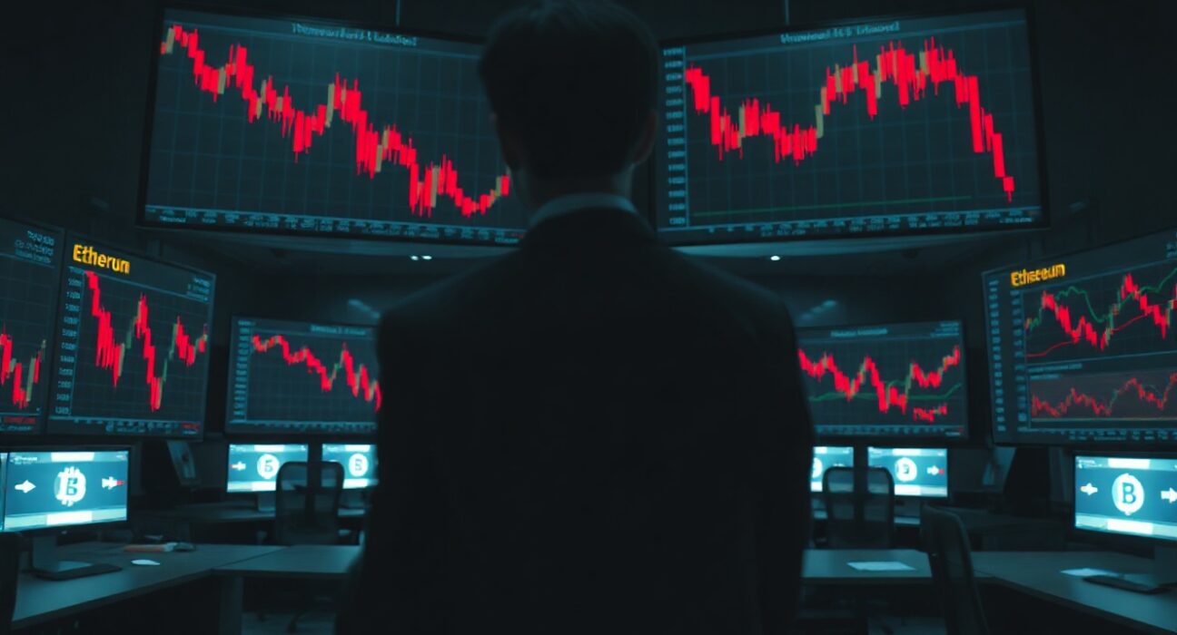 Dimly lit trading floor with red candlestick charts showing Bitcoin and Ethereum price decline