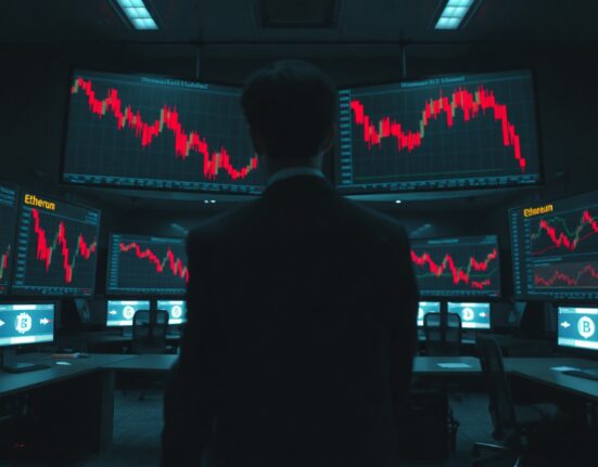 Dimly lit trading floor with red candlestick charts showing Bitcoin and Ethereum price decline