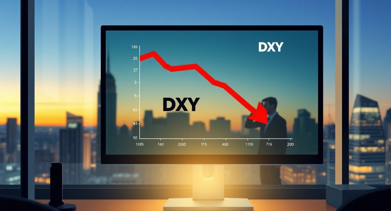 Financial analyst monitor displaying DXY chart with downward trend arrow.