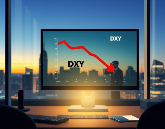 Financial analyst monitor displaying DXY chart with downward trend arrow.