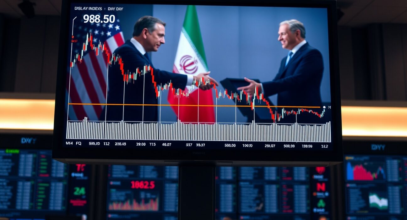 US Dollar Index price forecast chart showing bearish trend below 98.50 resistance and 38.2% Fibonacci level, with US-Iran peace hopes in background.