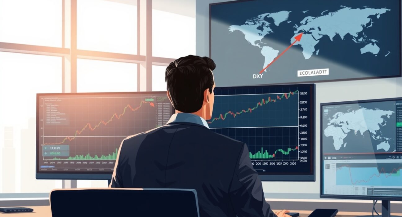Financial analyst reviews US Dollar Index (DXY) chart data amid geopolitical risk assessment.