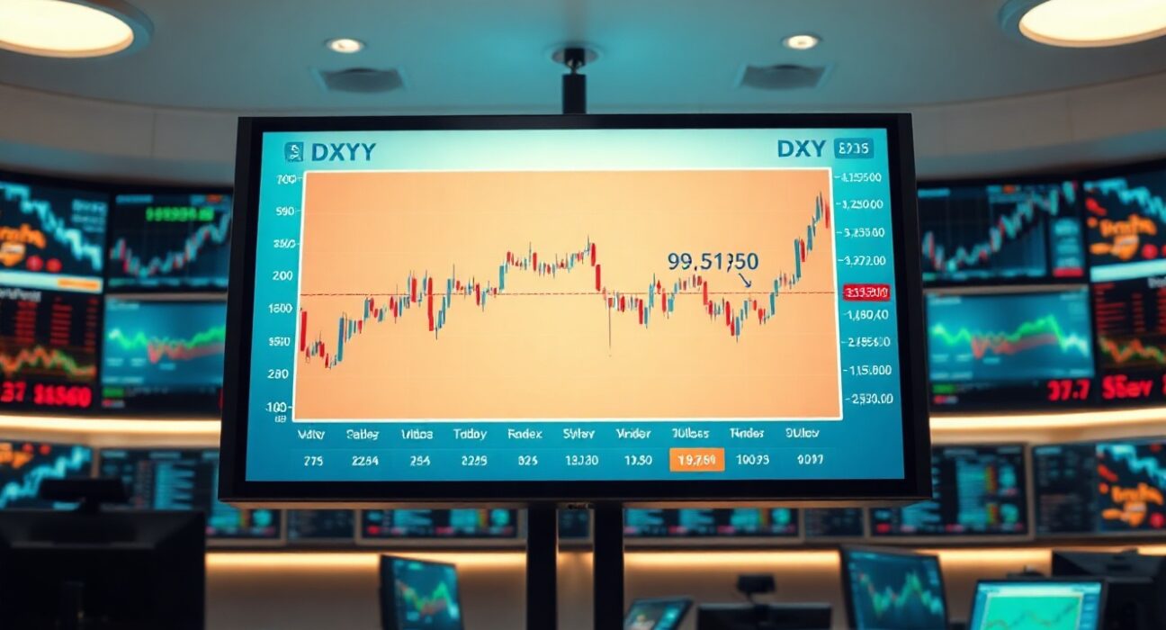 DXY chart consolidating near 99.50 on a trading floor monitor ahead of Fed decision