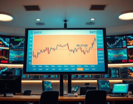 DXY chart consolidating near 99.50 on a trading floor monitor ahead of Fed decision