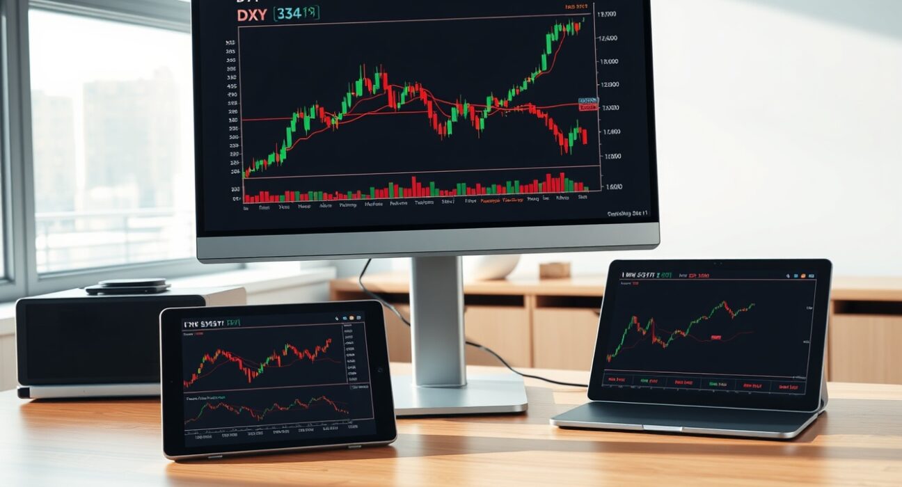 Analyst's screen showing DXY dollar index chart impacting equity market prospects for 2025.