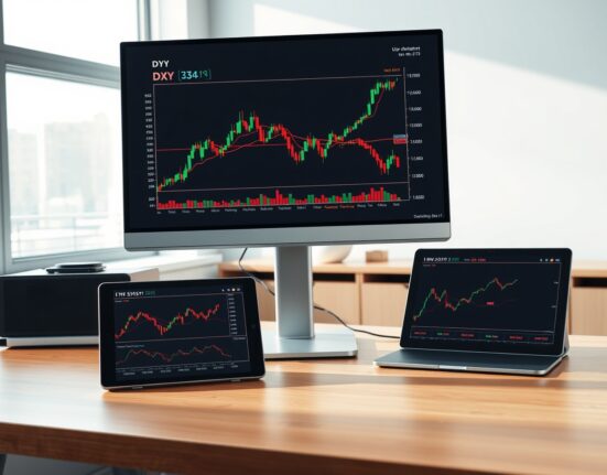Analyst's screen showing DXY dollar index chart impacting equity market prospects for 2025.