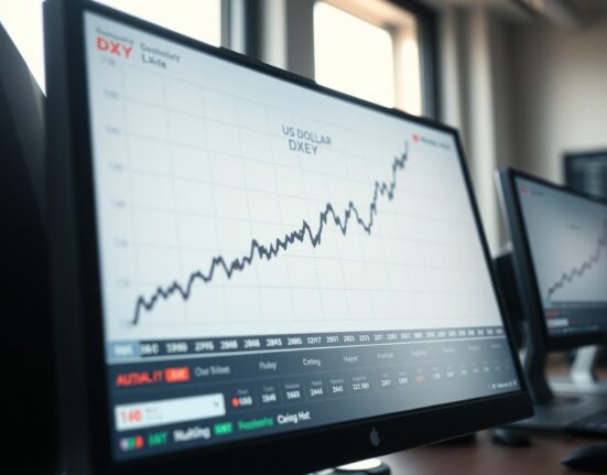 US Dollar Index chart surging on trading screen amid geopolitical risk.