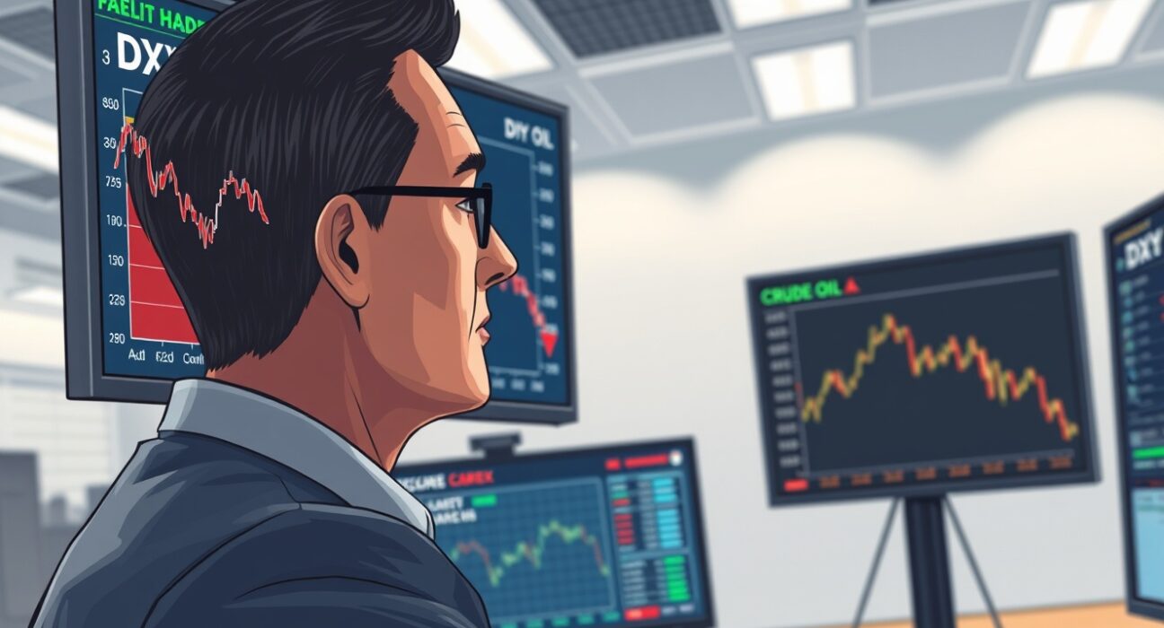 Financial analyst reviewing DXY and crude oil price charts for market insight.