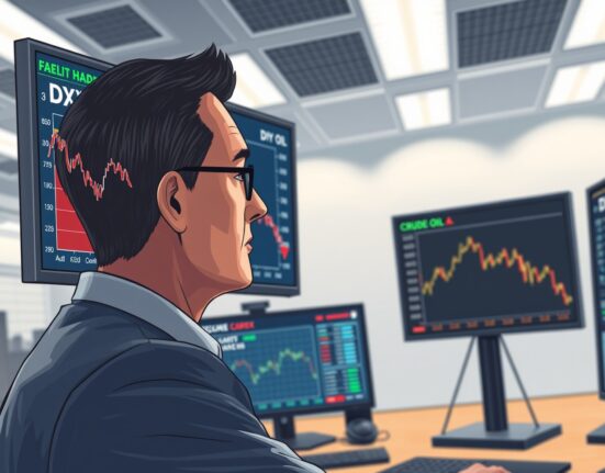 Financial analyst reviewing DXY and crude oil price charts for market insight.