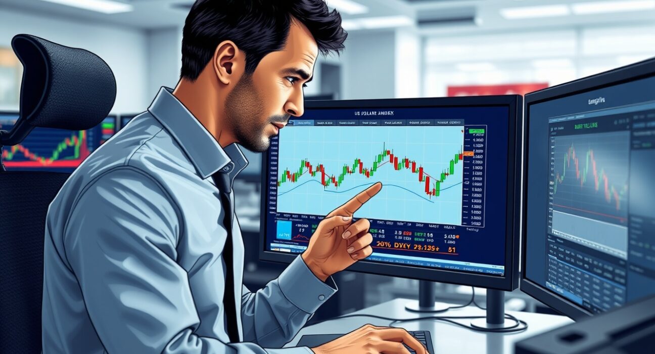Financial analyst monitoring US Dollar Index and energy price charts showing market stability.