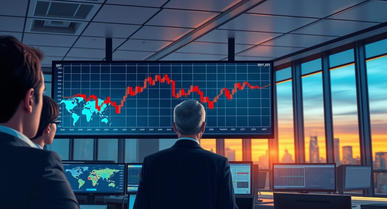Financial analysts monitor a declining US Dollar Index chart as geopolitical tensions shift.